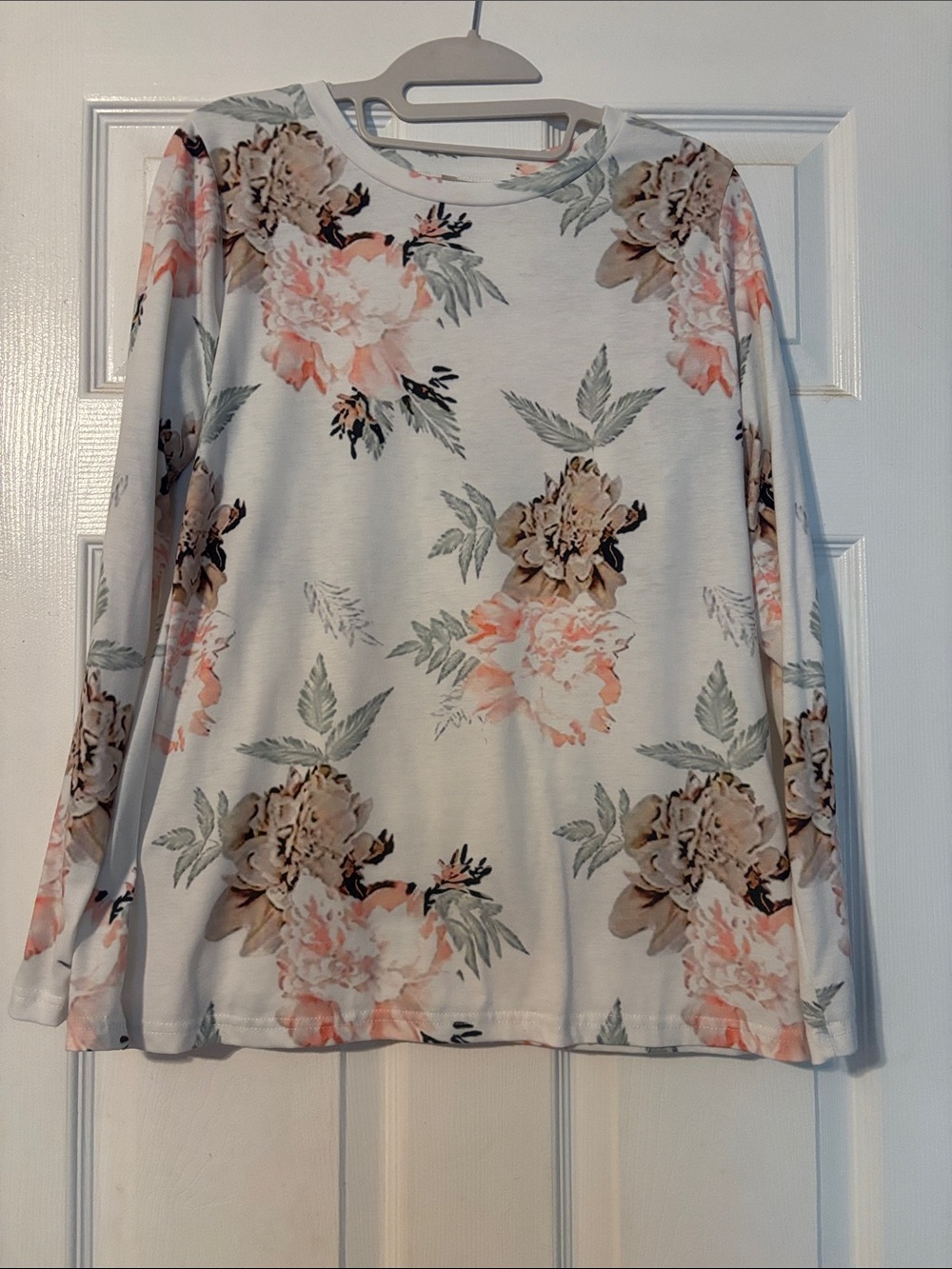 Women's Floral Long-Sleeve Crewneck Top - White with Blush and Taupe Floral